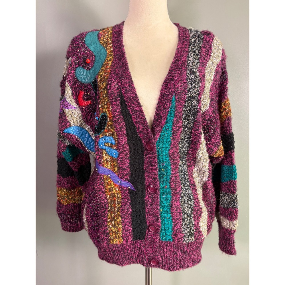 Vintage 80s Jaclyn Smith Cardigan M Mixed Media Art To Wear Funky Eclectic 3D